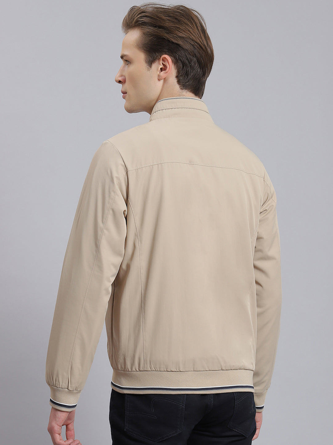 Men Beige Solid Stand Collar Full Sleeve Jacket