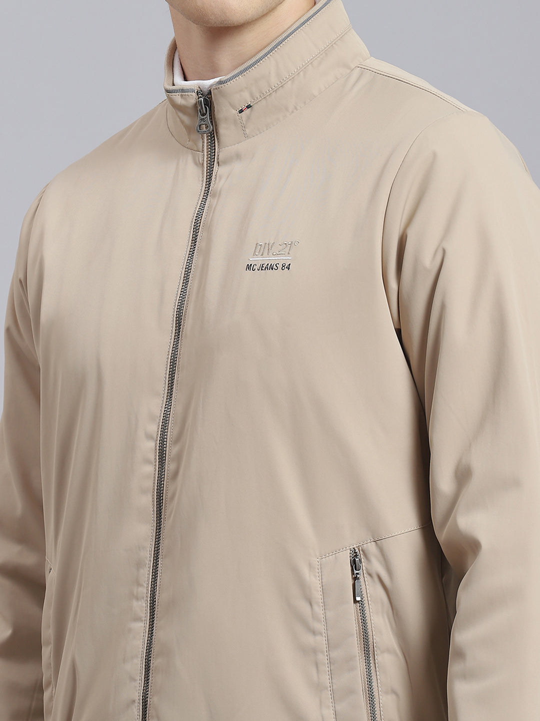 Men Beige Solid Stand Collar Full Sleeve Jacket