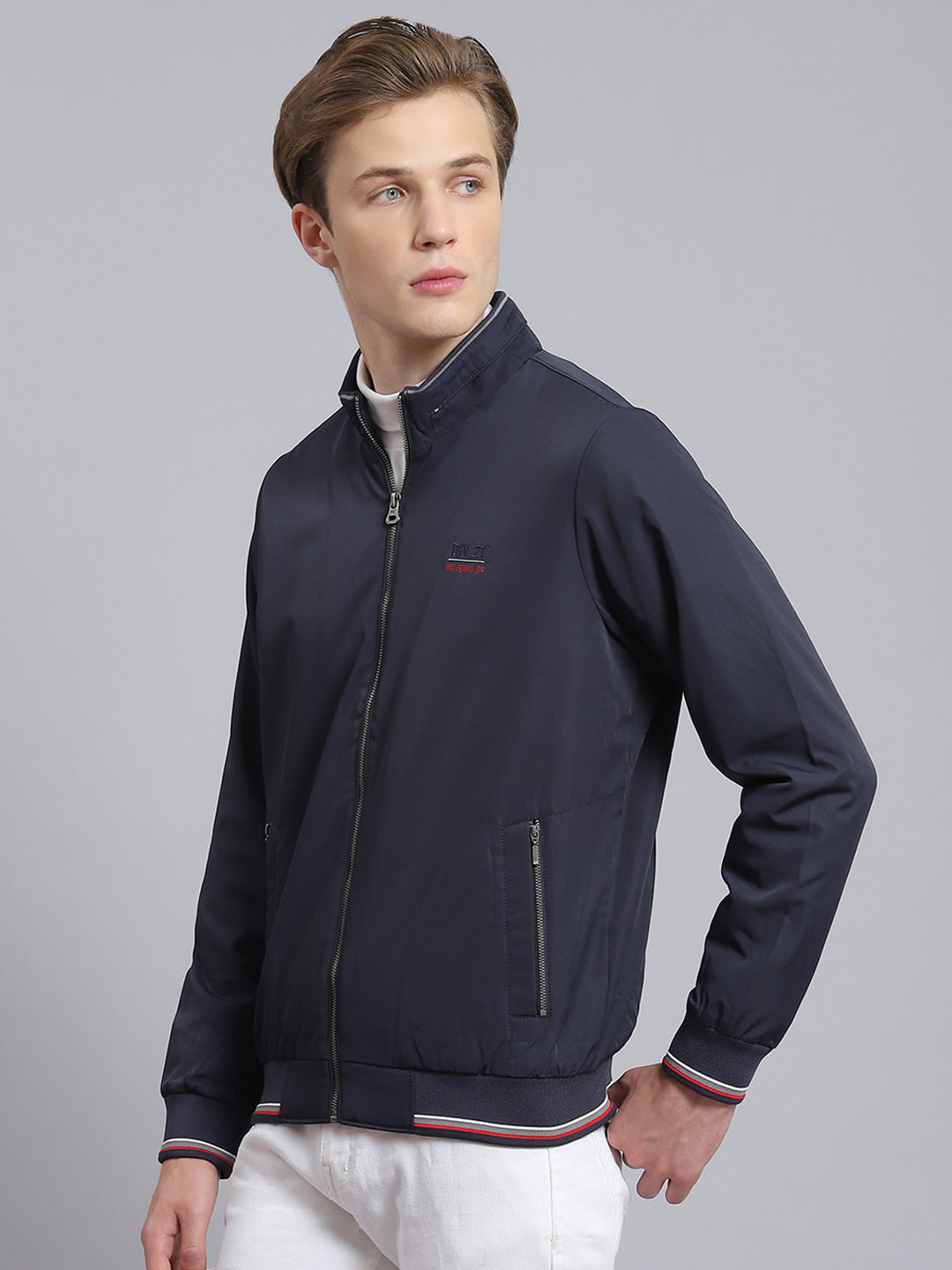 Men Navy Blue Solid Stand Collar Full Sleeve Jacket