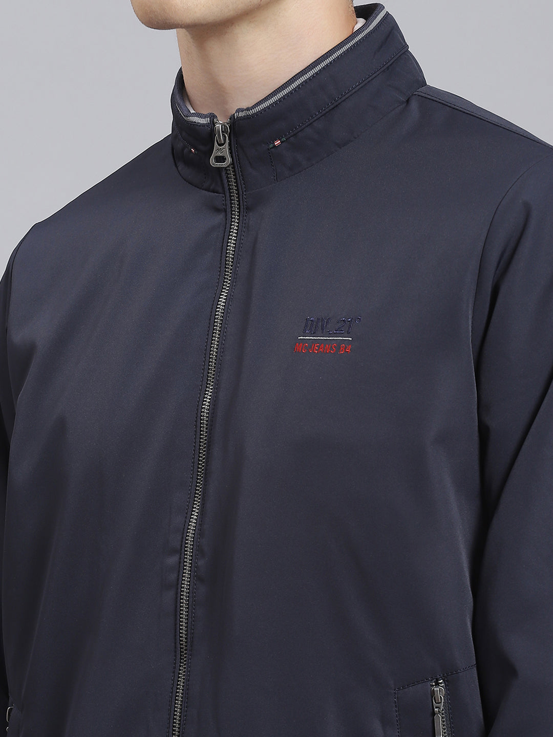 Men Navy Blue Solid Stand Collar Full Sleeve Jacket