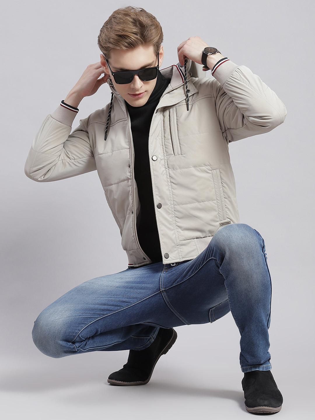Men Beige Solid Hooded Full Sleeve Jackets