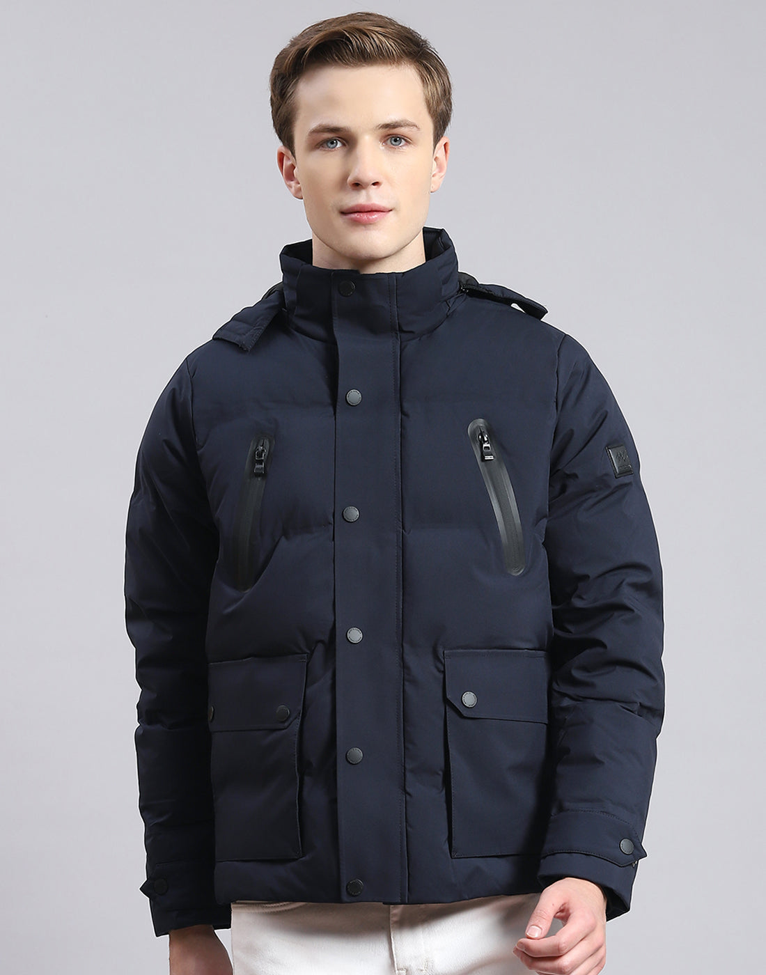 Men Navy Blue Solid Hooded Full Sleeve Jacket
