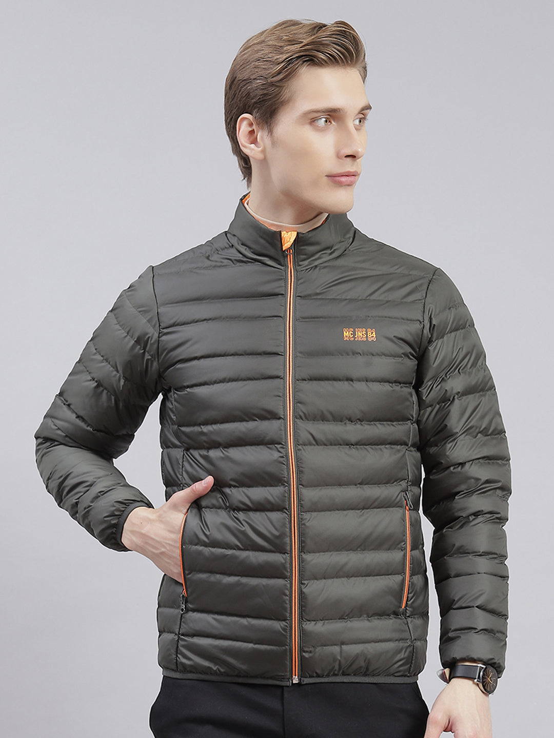 Men Olive Solid Stand Collar Full Sleeve Jackets