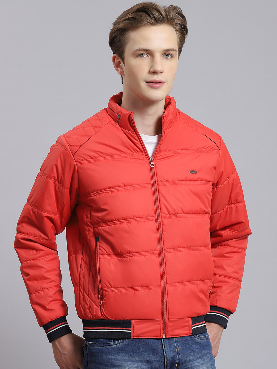 Buy Men Red Solid Stand Collar Full Sleeve Jacket Online in India