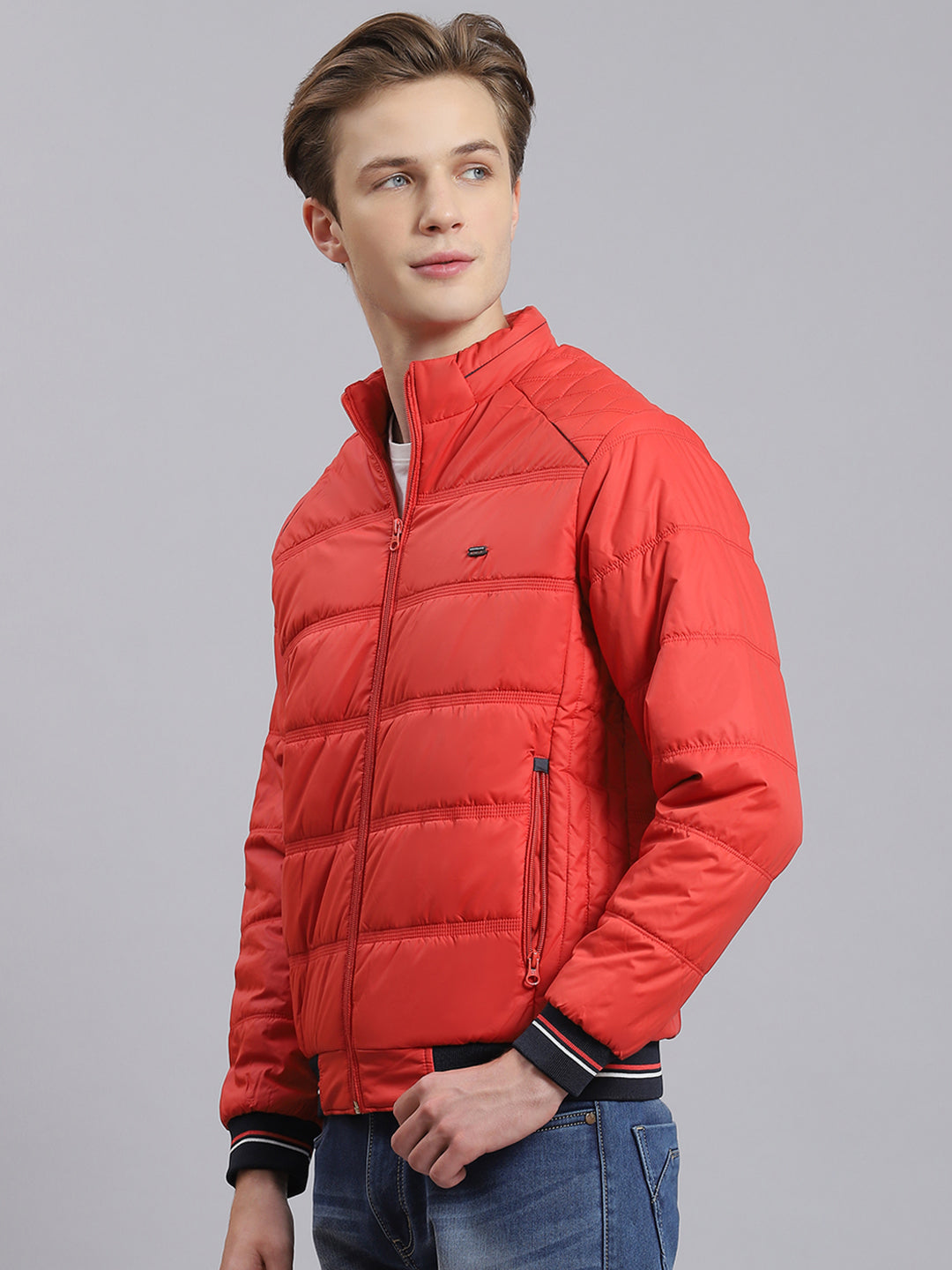 Men Red Solid Stand Collar Full Sleeve Jacket