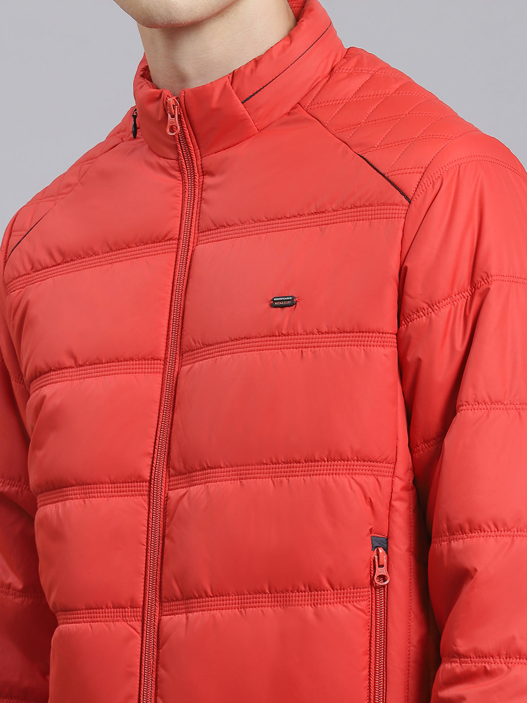 Men Red Solid Stand Collar Full Sleeve Jacket