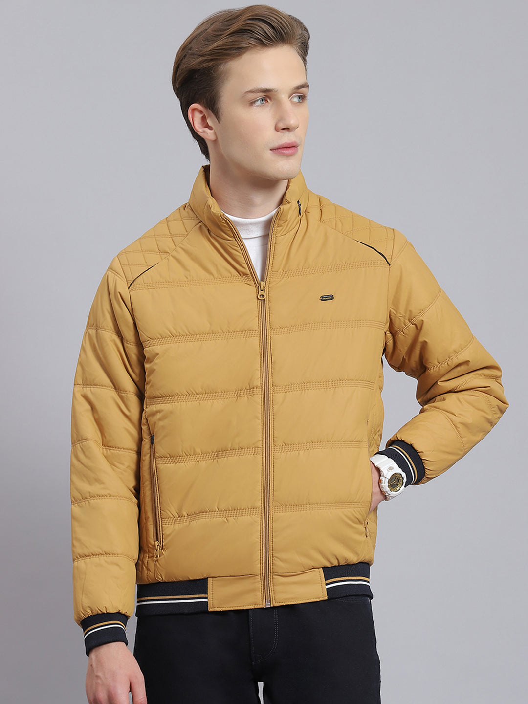 Men Brown Solid Stand Collar Full Sleeve Jacket