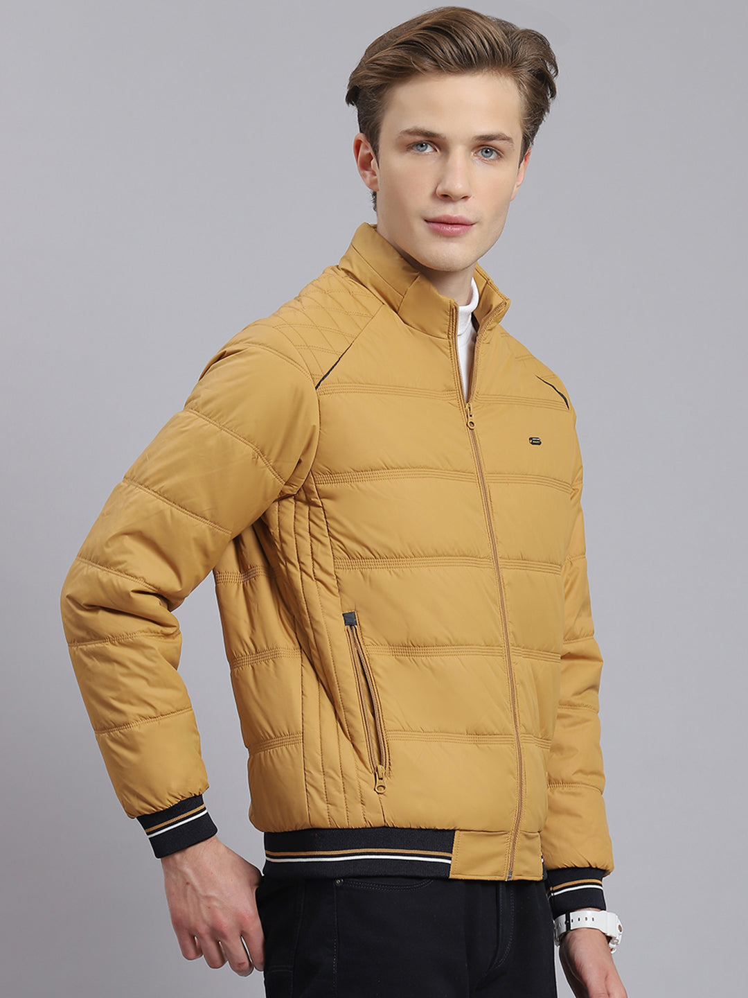 Men Brown Solid Stand Collar Full Sleeve Jacket