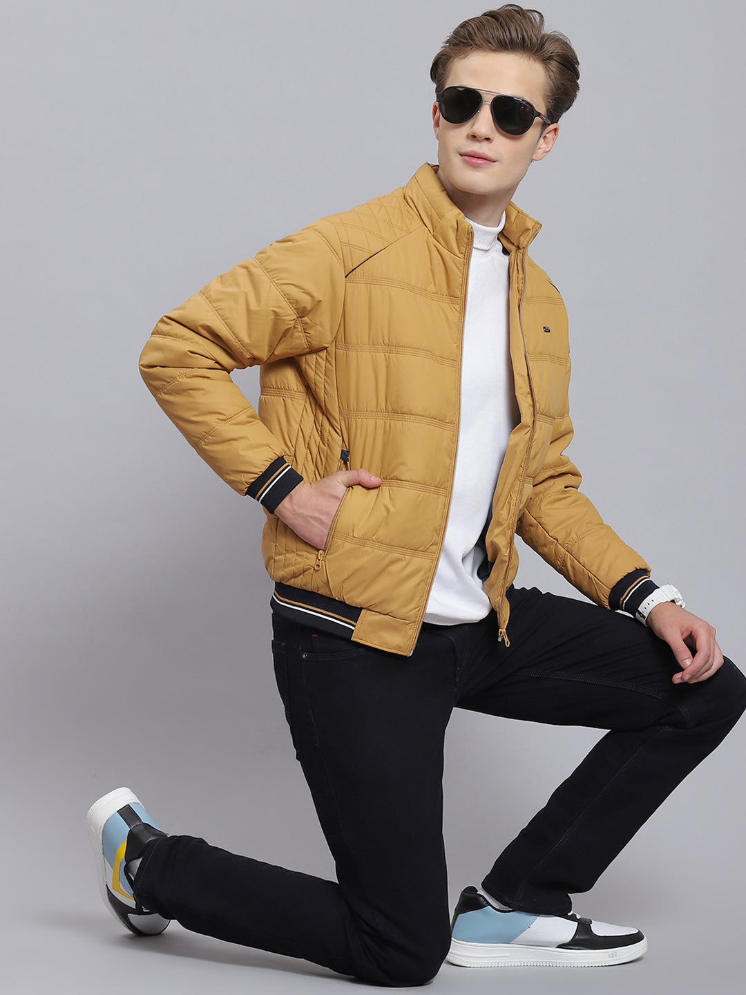 Men Brown Solid Stand Collar Full Sleeve Jacket