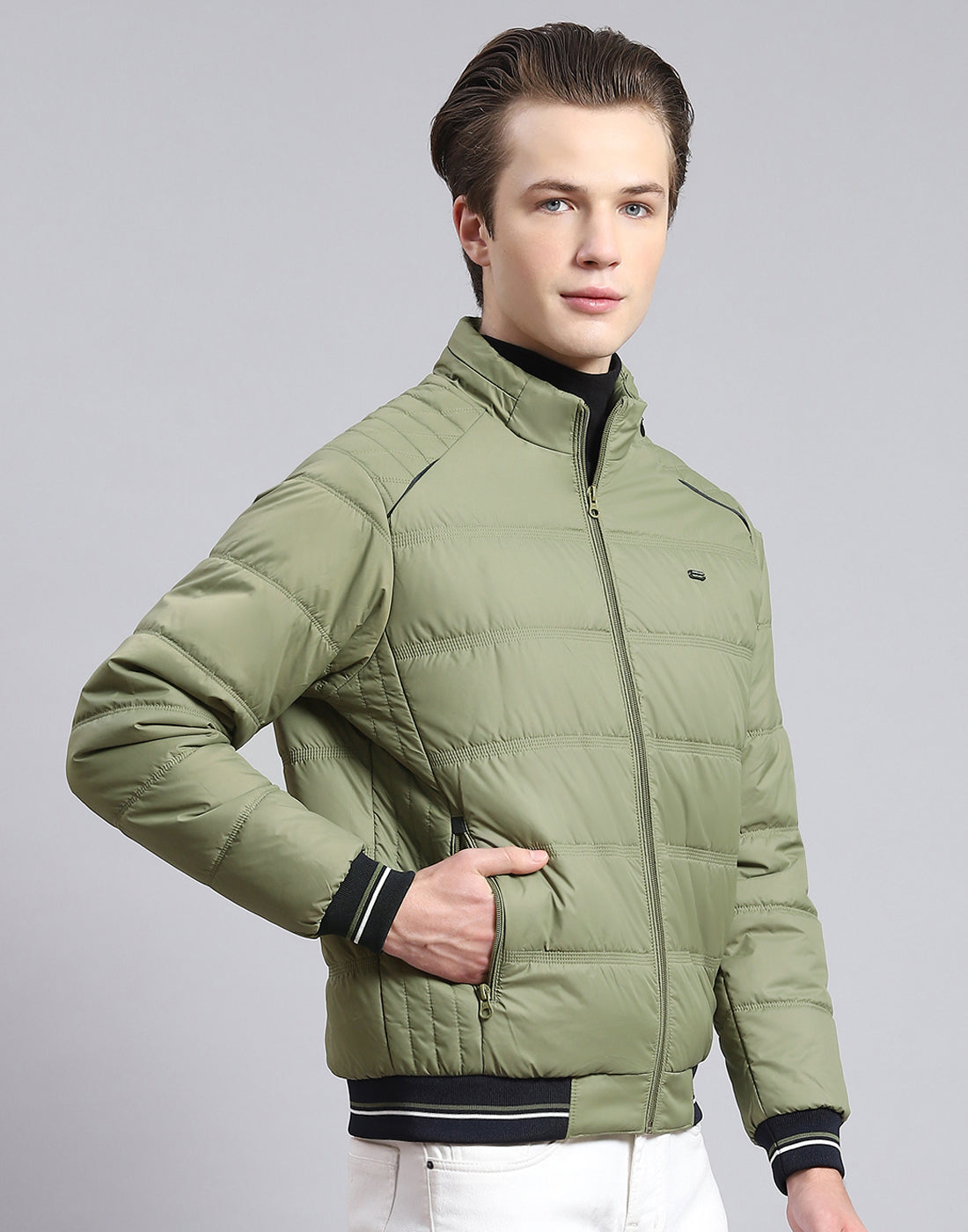 Men Green Solid Stand Collar Full Sleeve Jacket