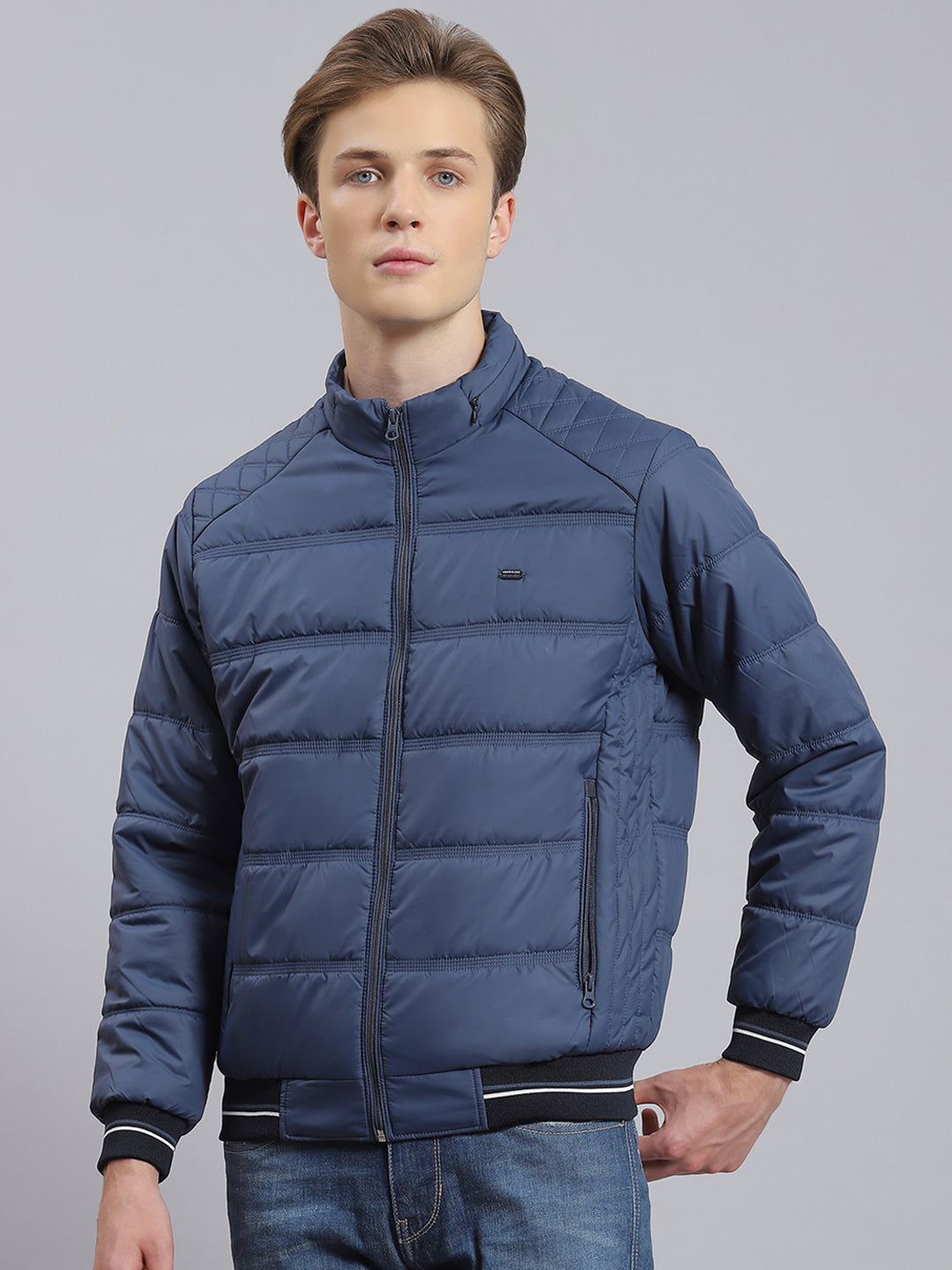 Men Navy Blue Solid Stand Collar Full Sleeve Jacket