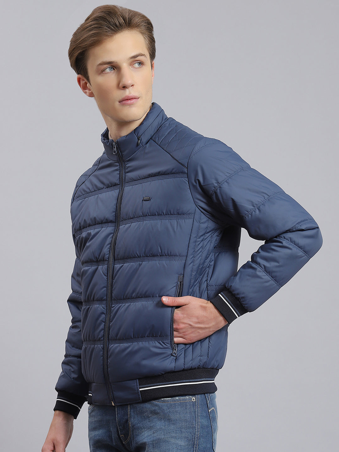 Men Navy Blue Solid Stand Collar Full Sleeve Jacket