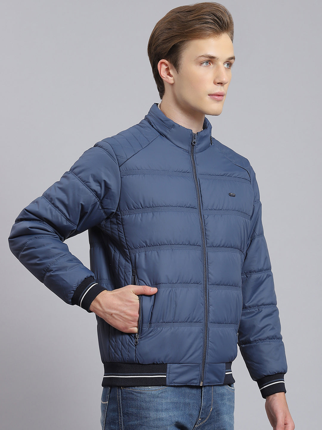 Men Navy Blue Solid Stand Collar Full Sleeve Jacket