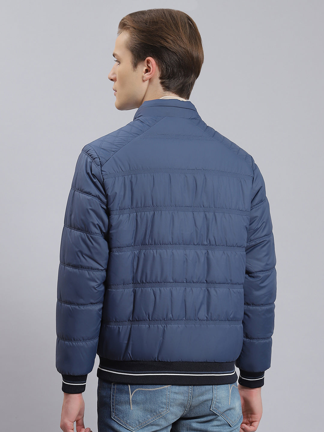 Men Navy Blue Solid Stand Collar Full Sleeve Jacket