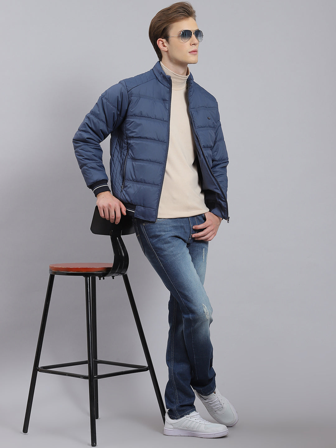 Men Navy Blue Solid Stand Collar Full Sleeve Jacket