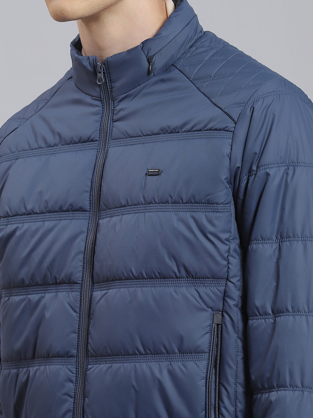 Men Navy Blue Solid Stand Collar Full Sleeve Jacket