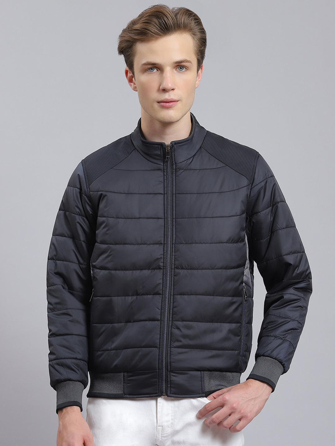 Men Navy Blue Solid Stand Collar Full Sleeve Jacket