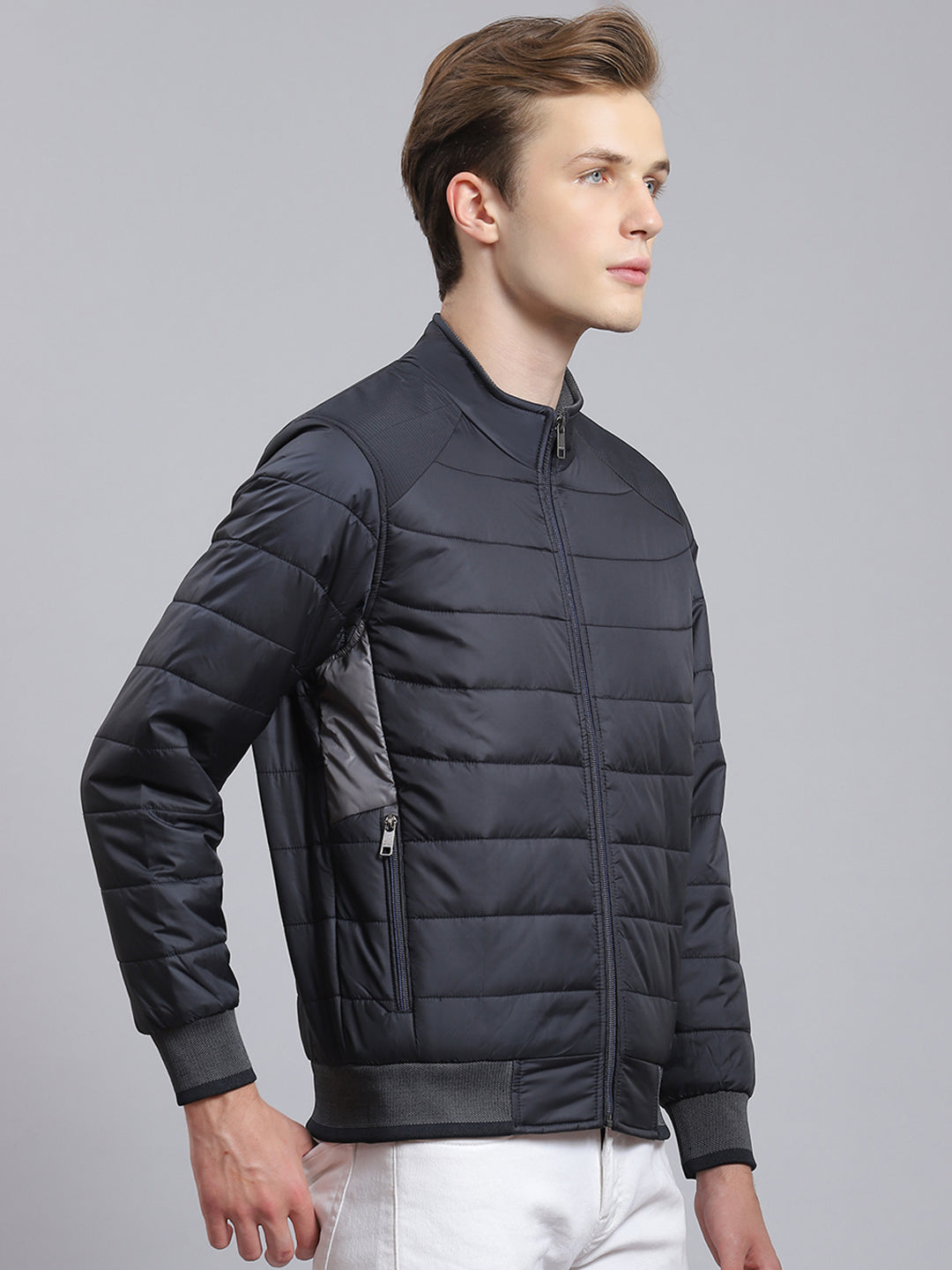 Men Navy Blue Solid Stand Collar Full Sleeve Jacket