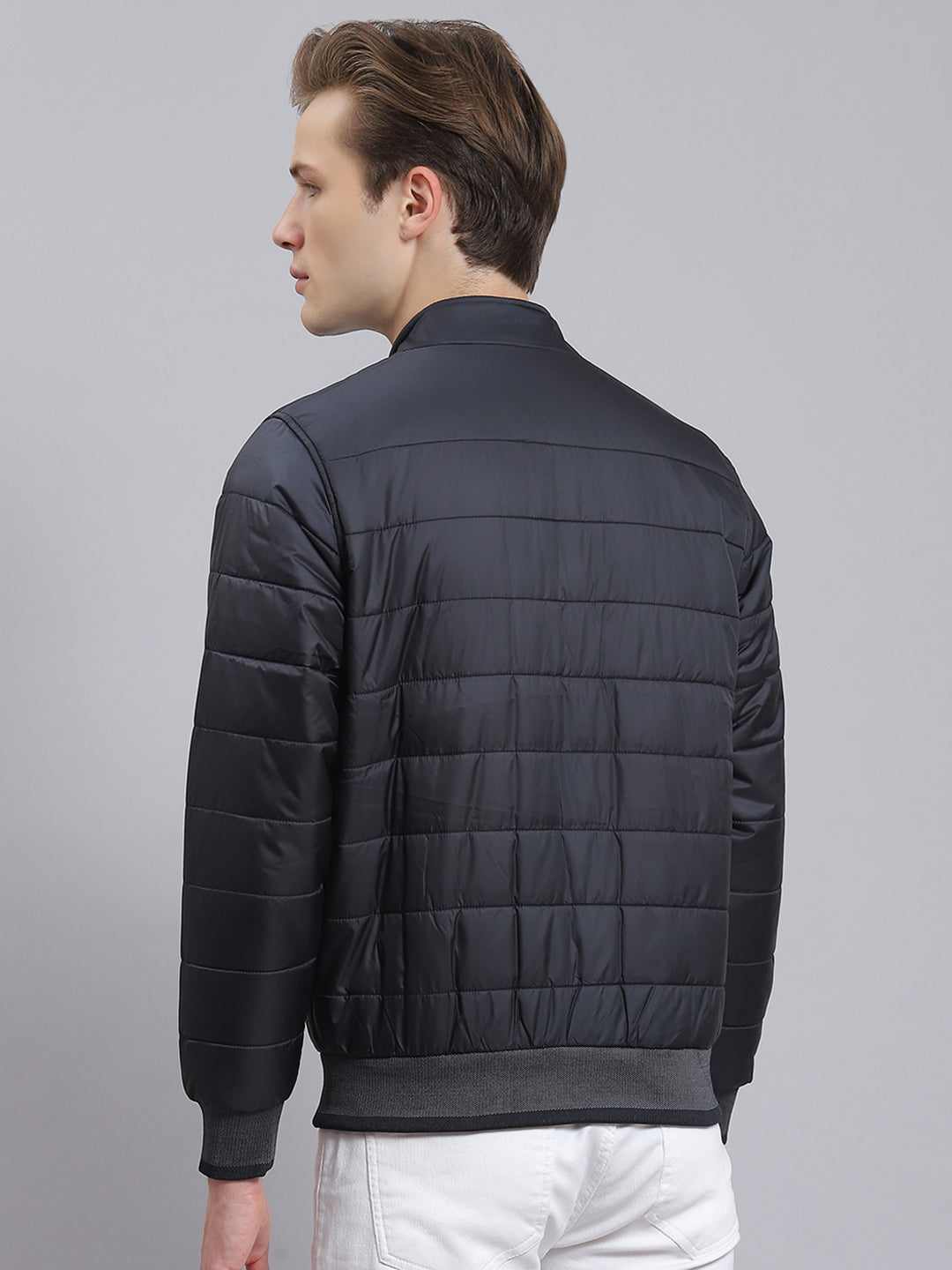 Men Navy Blue Solid Stand Collar Full Sleeve Jacket