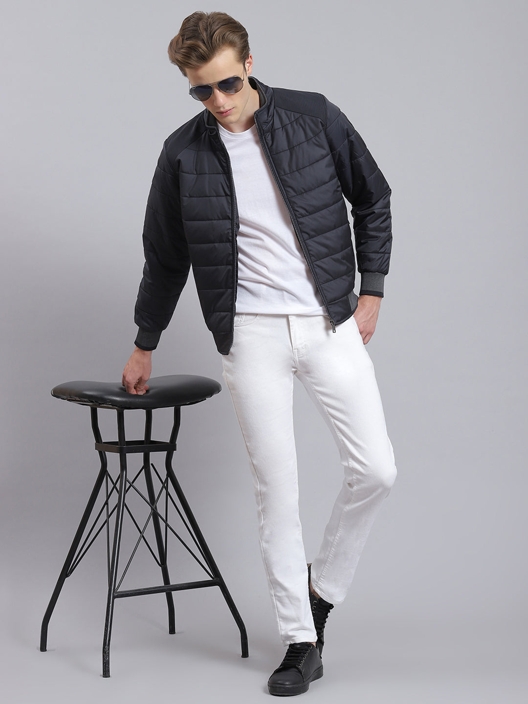 Men Navy Blue Solid Stand Collar Full Sleeve Jacket