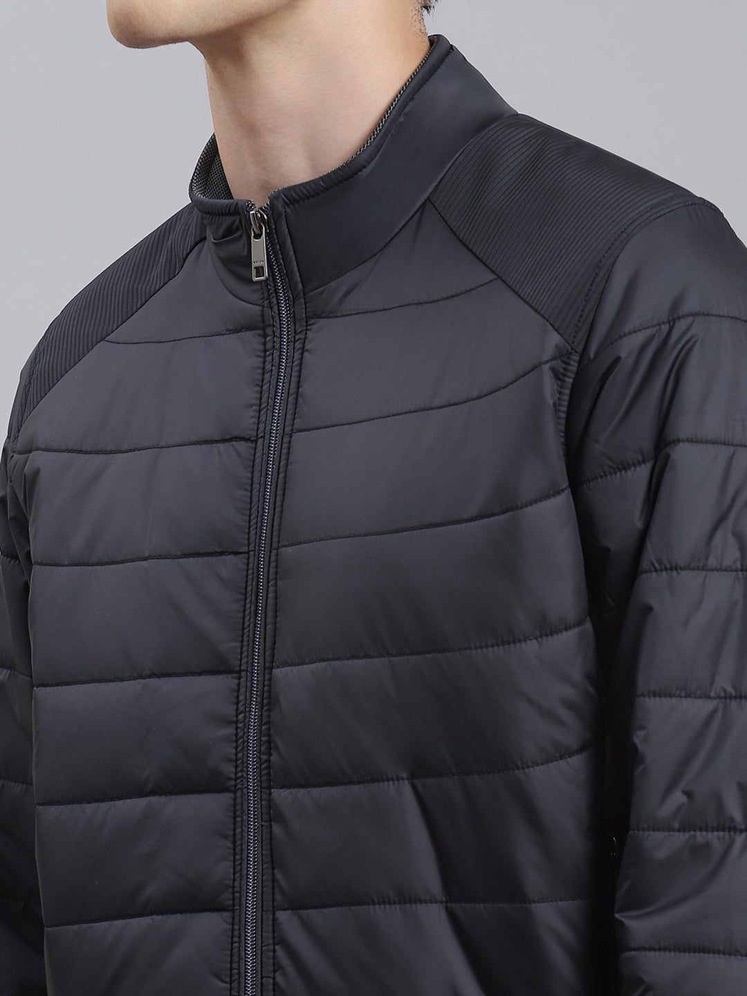 Men Navy Blue Solid Stand Collar Full Sleeve Jacket