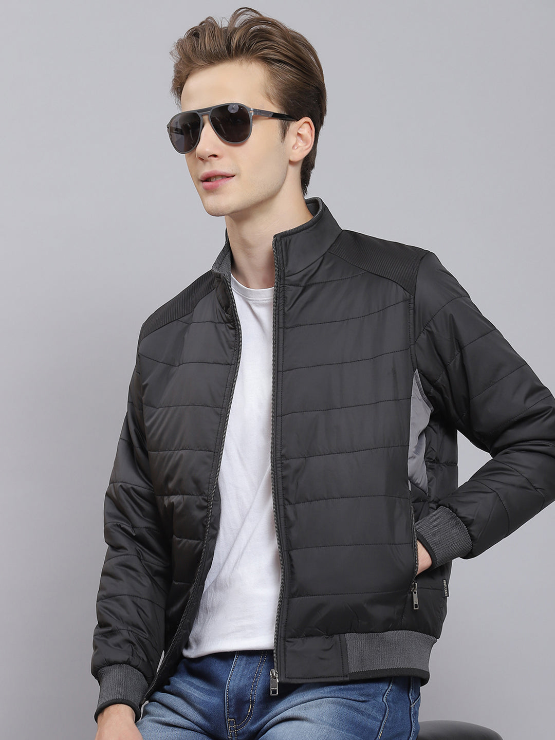 Men Black Solid Stand Collar Full Sleeve Jacket