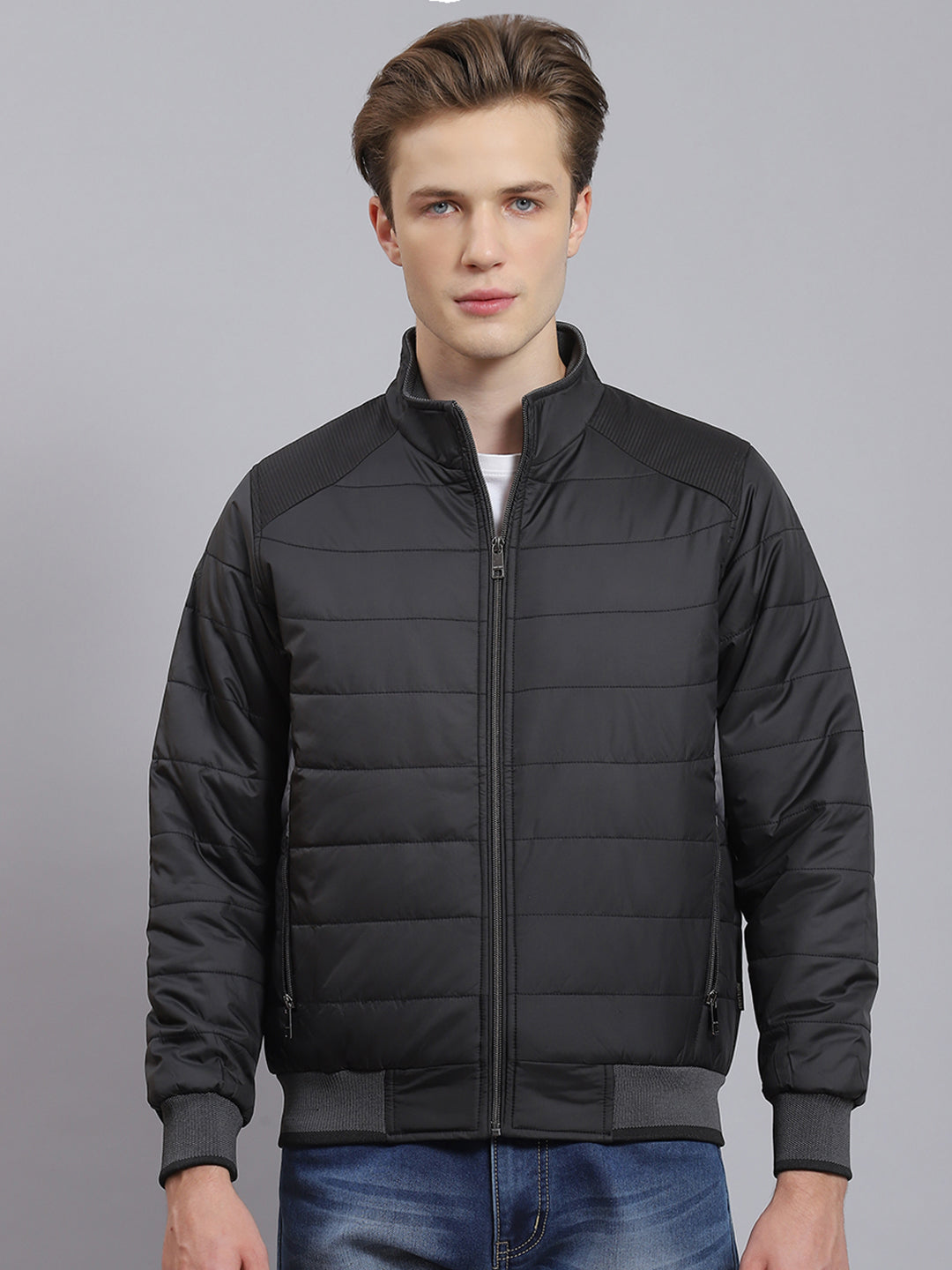 Men Black Solid Stand Collar Full Sleeve Jacket