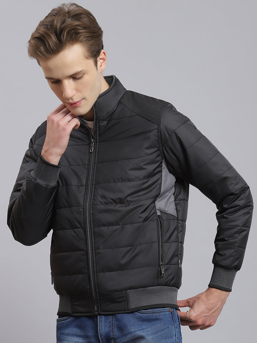 Men Black Solid Stand Collar Full Sleeve Jacket