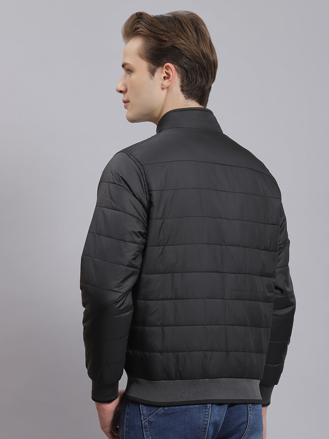 Men Black Solid Stand Collar Full Sleeve Jacket