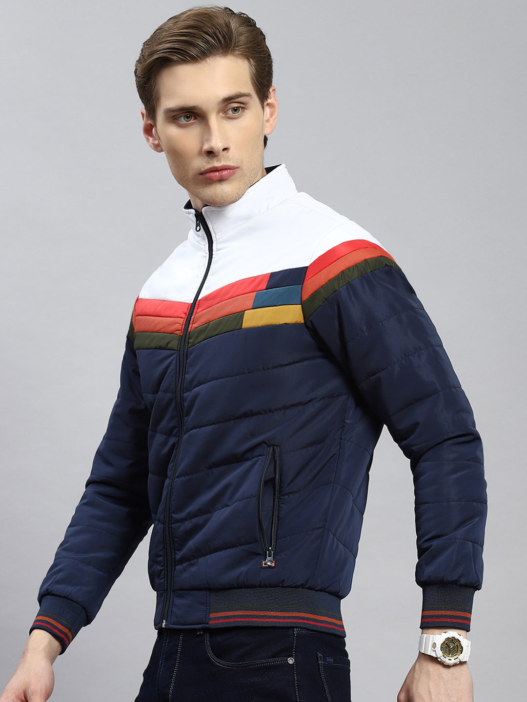 Men Navy Blue Plain Jacket