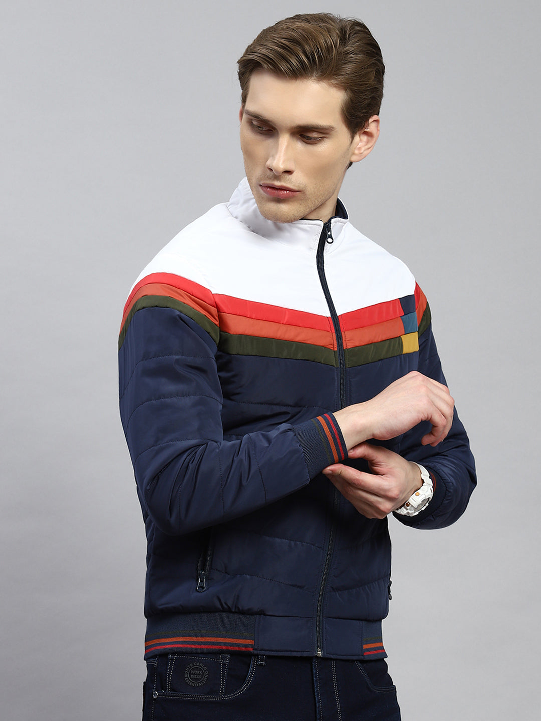 Men Navy Blue Plain Jacket