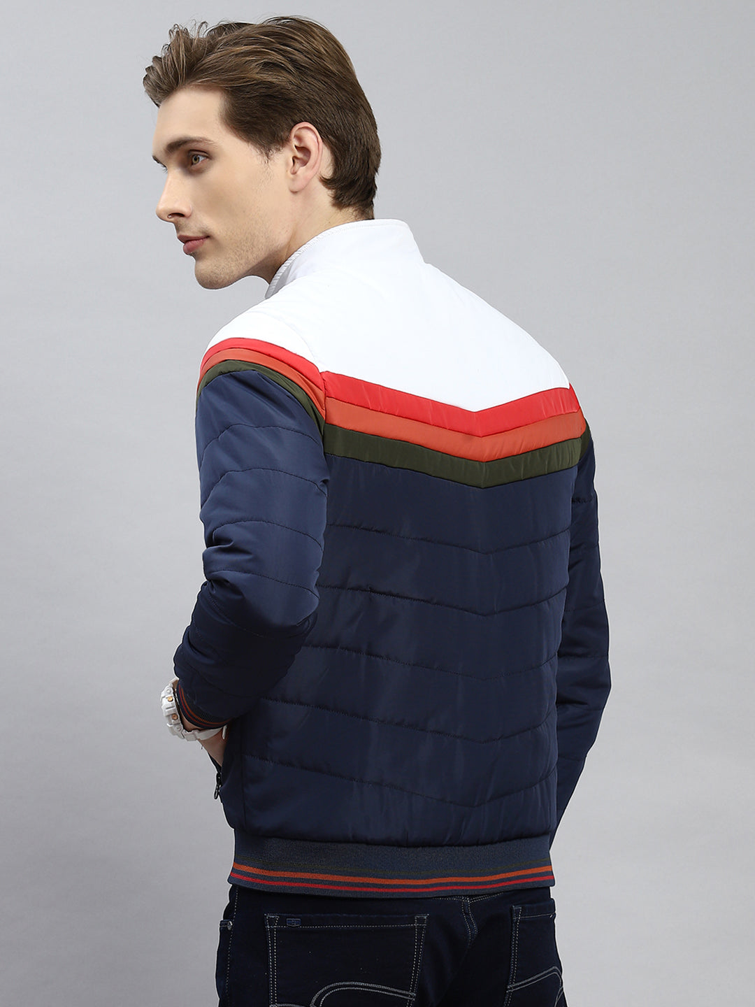 Men Navy Blue Plain Jacket