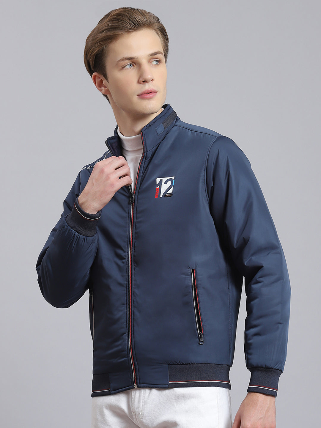 Men Navy Blue Solid Stand Collar Full Sleeve Jacket