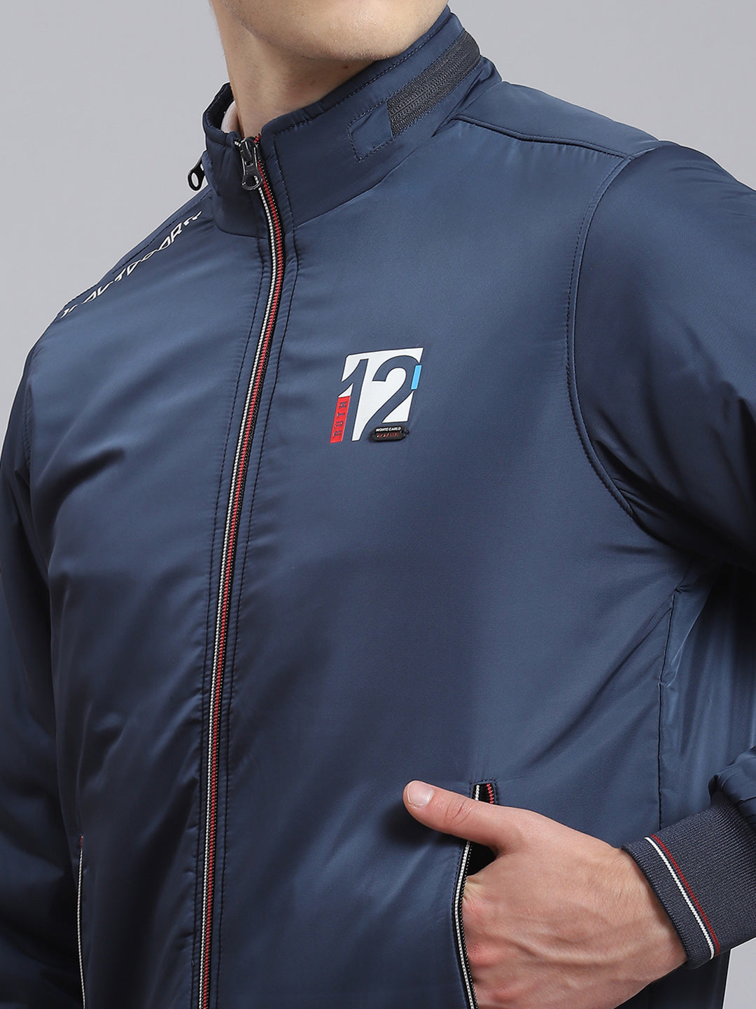 Men Navy Blue Solid Stand Collar Full Sleeve Jacket