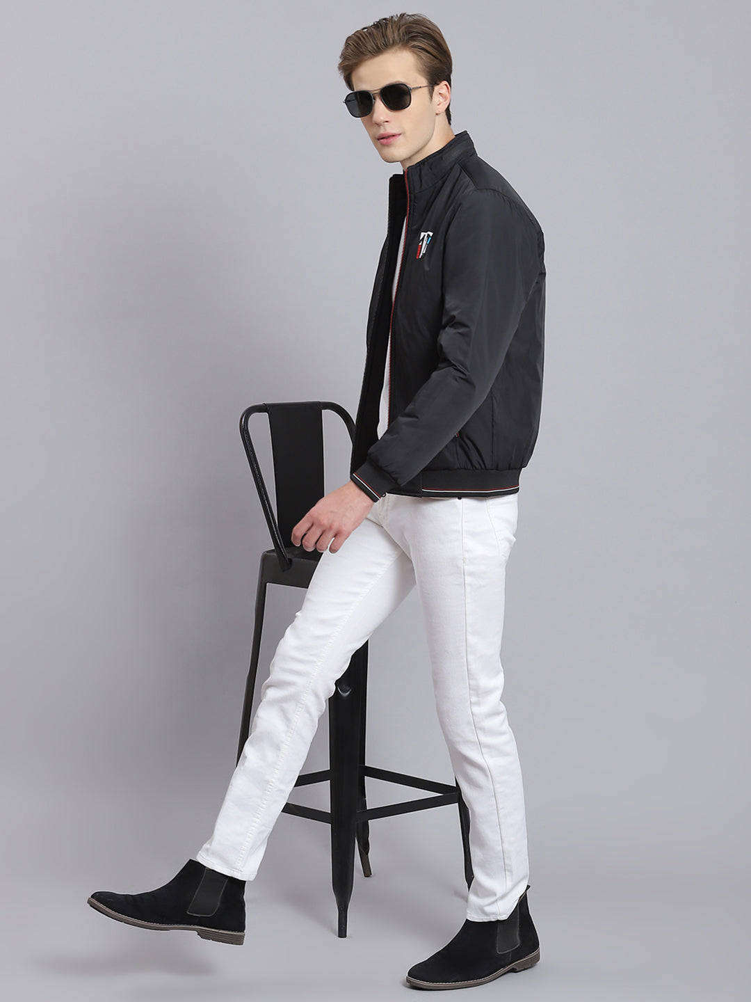 Men Black Solid Stand Collar Full Sleeve Jacket