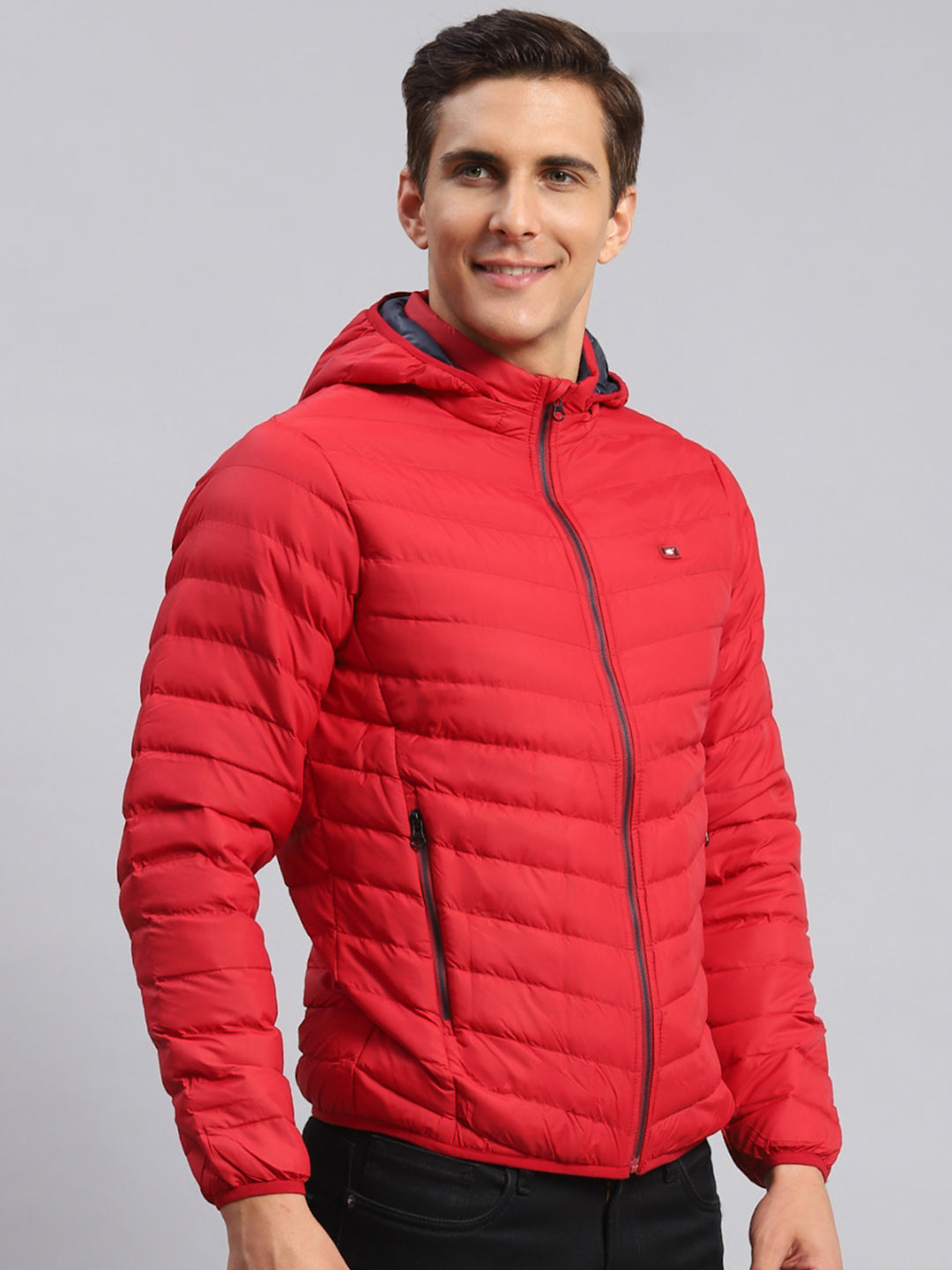 Men Red Solid Polyester Blend Jacket