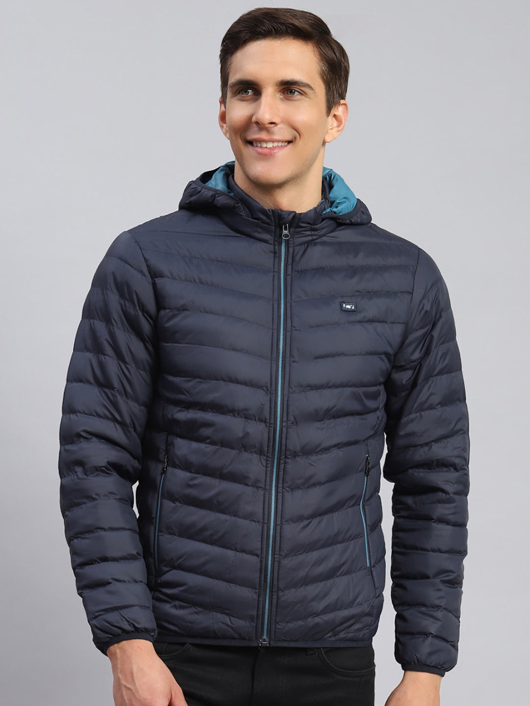 Men Navy Blue Solid Polyester Blend Jacket