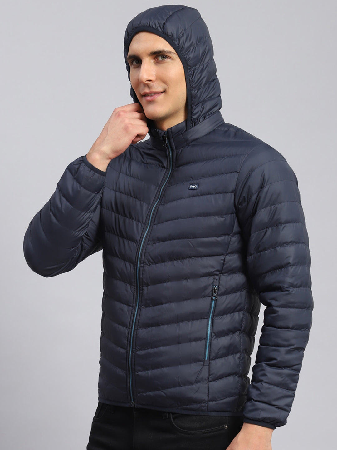 Men Navy Blue Solid Polyester Blend Jacket