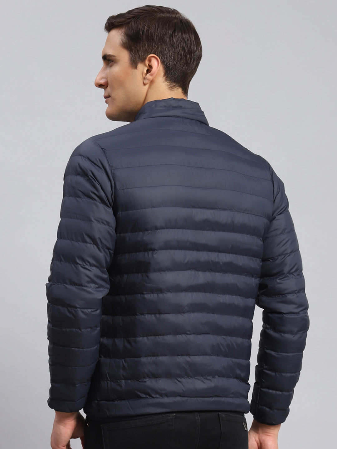 Men Navy Blue Solid Polyester Blend Jacket