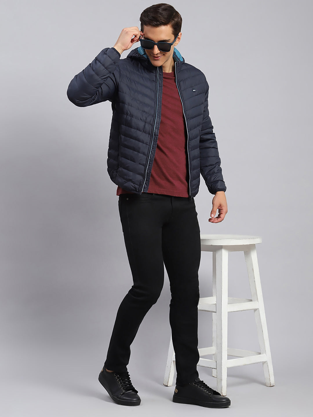 Men Navy Blue Solid Polyester Blend Jacket