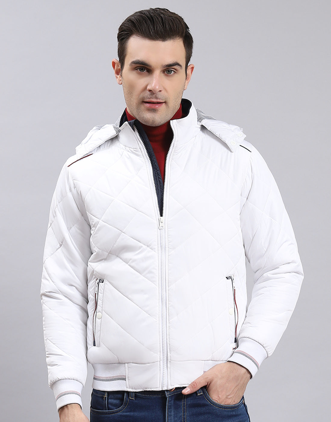 Men White Solid Hooded Full Sleeve Jacket