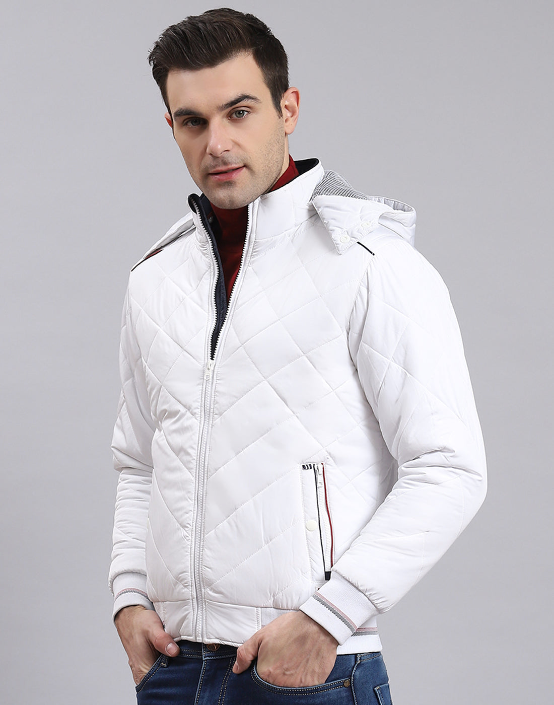 Men White Solid Hooded Full Sleeve Jacket
