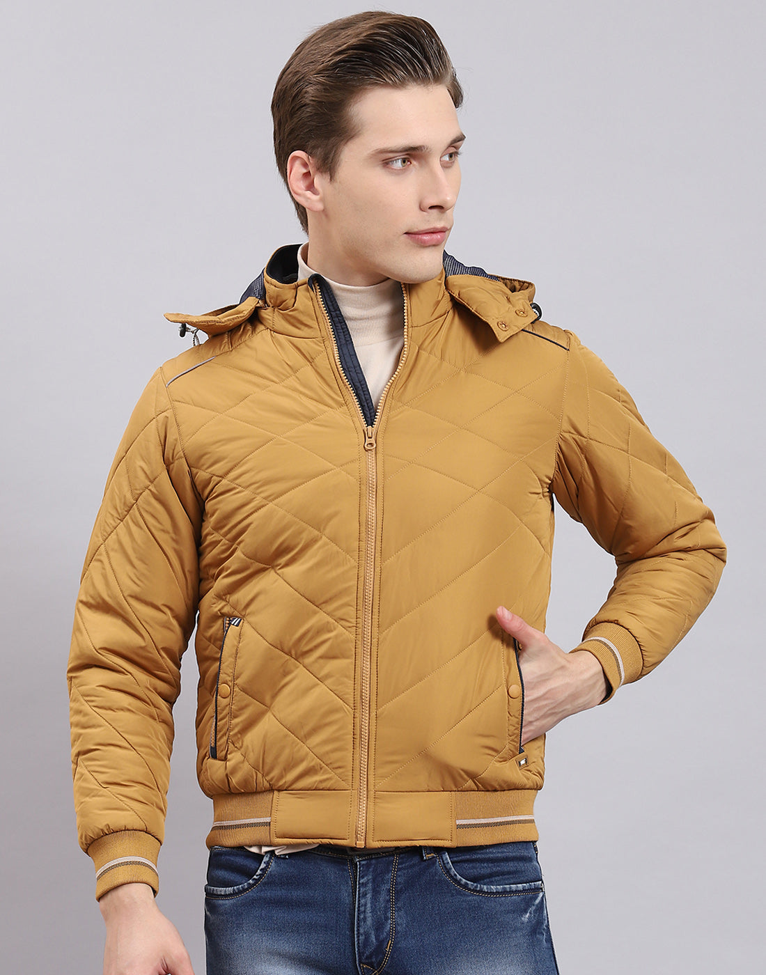 Men Mustard Solid Hooded Full Sleeve Jacket