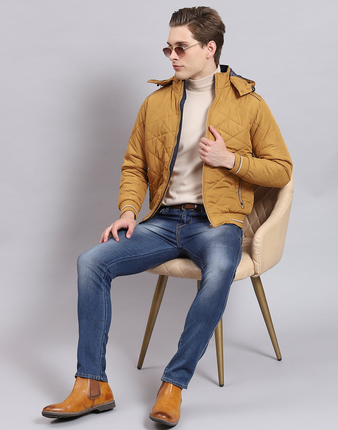 Men Mustard Solid Hooded Full Sleeve Jacket