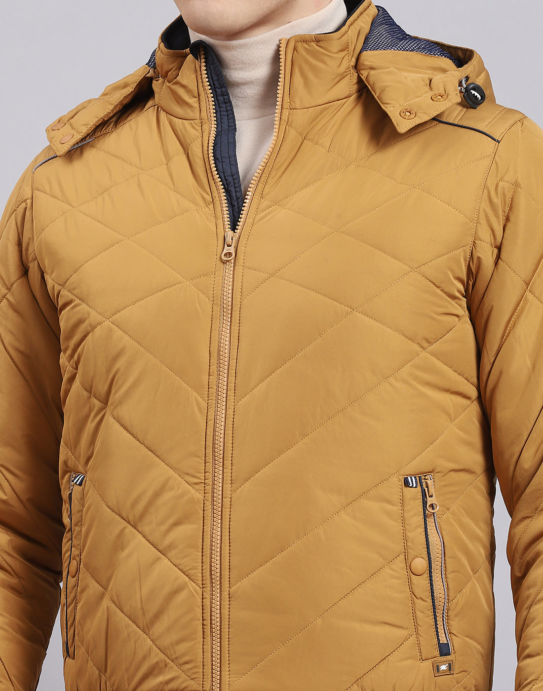 Men Mustard Solid Hooded Full Sleeve Jacket