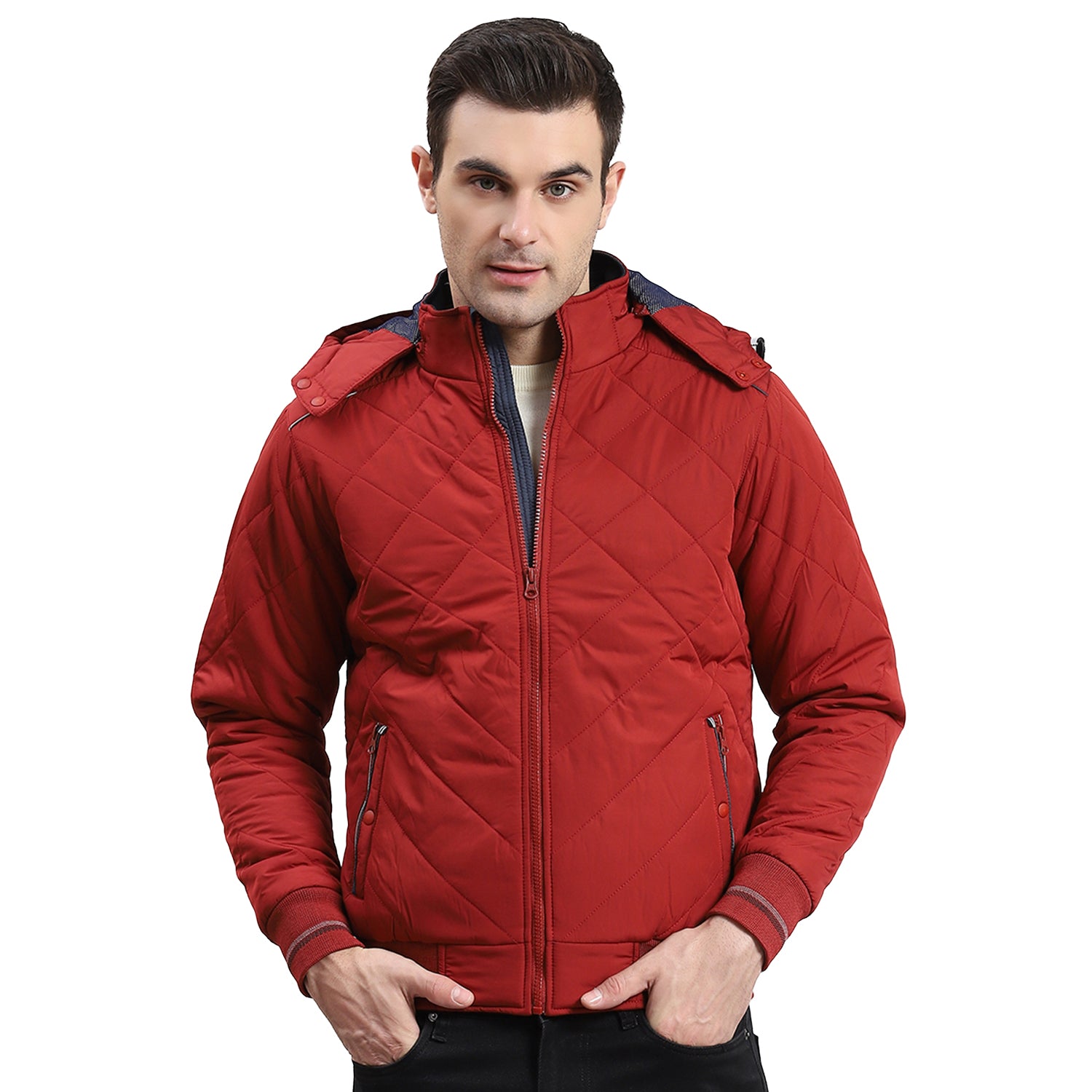 Men Red Solid Hooded Full Sleeve Jacket