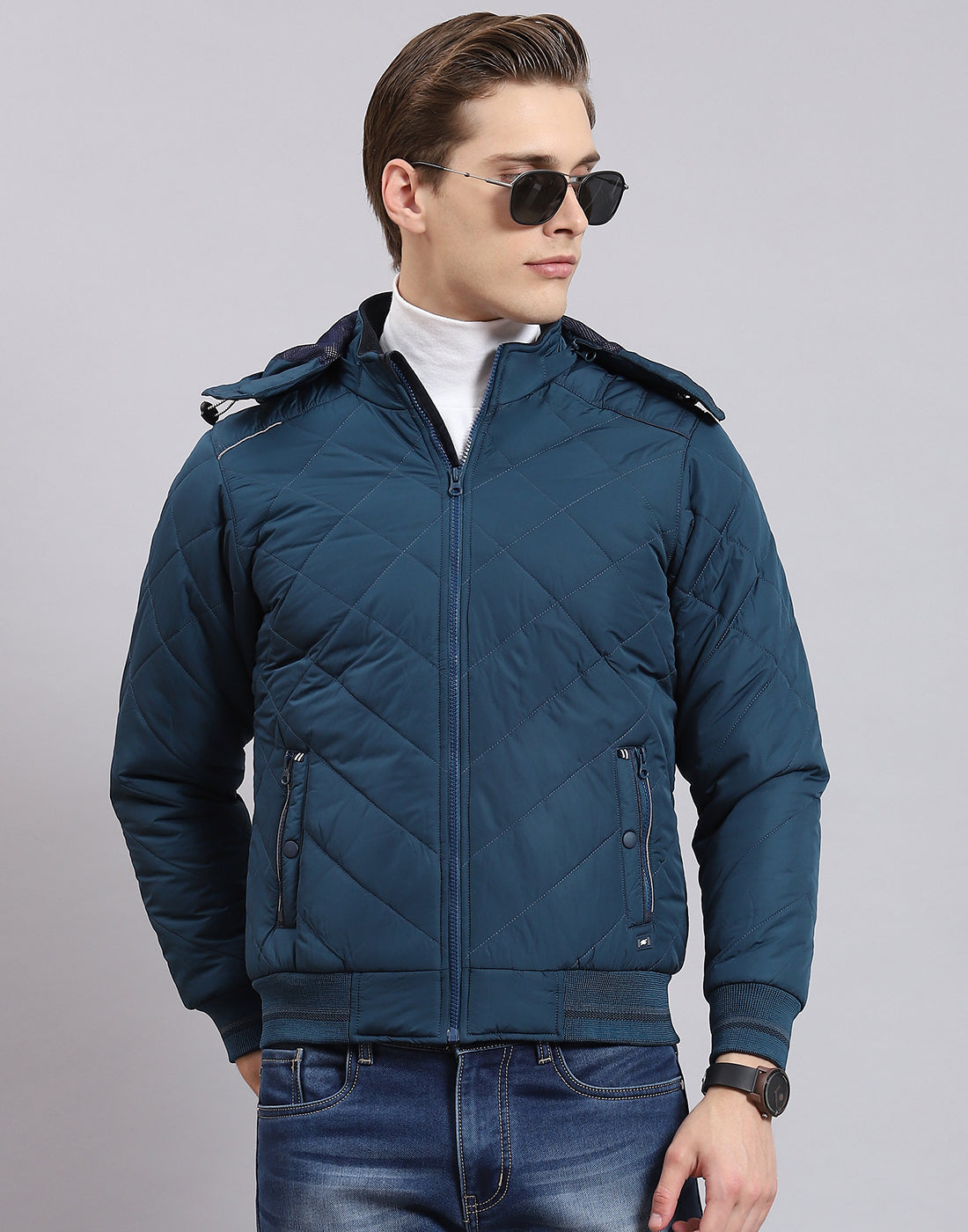 Men Teal Blue Solid Hooded Full Sleeve Jacket