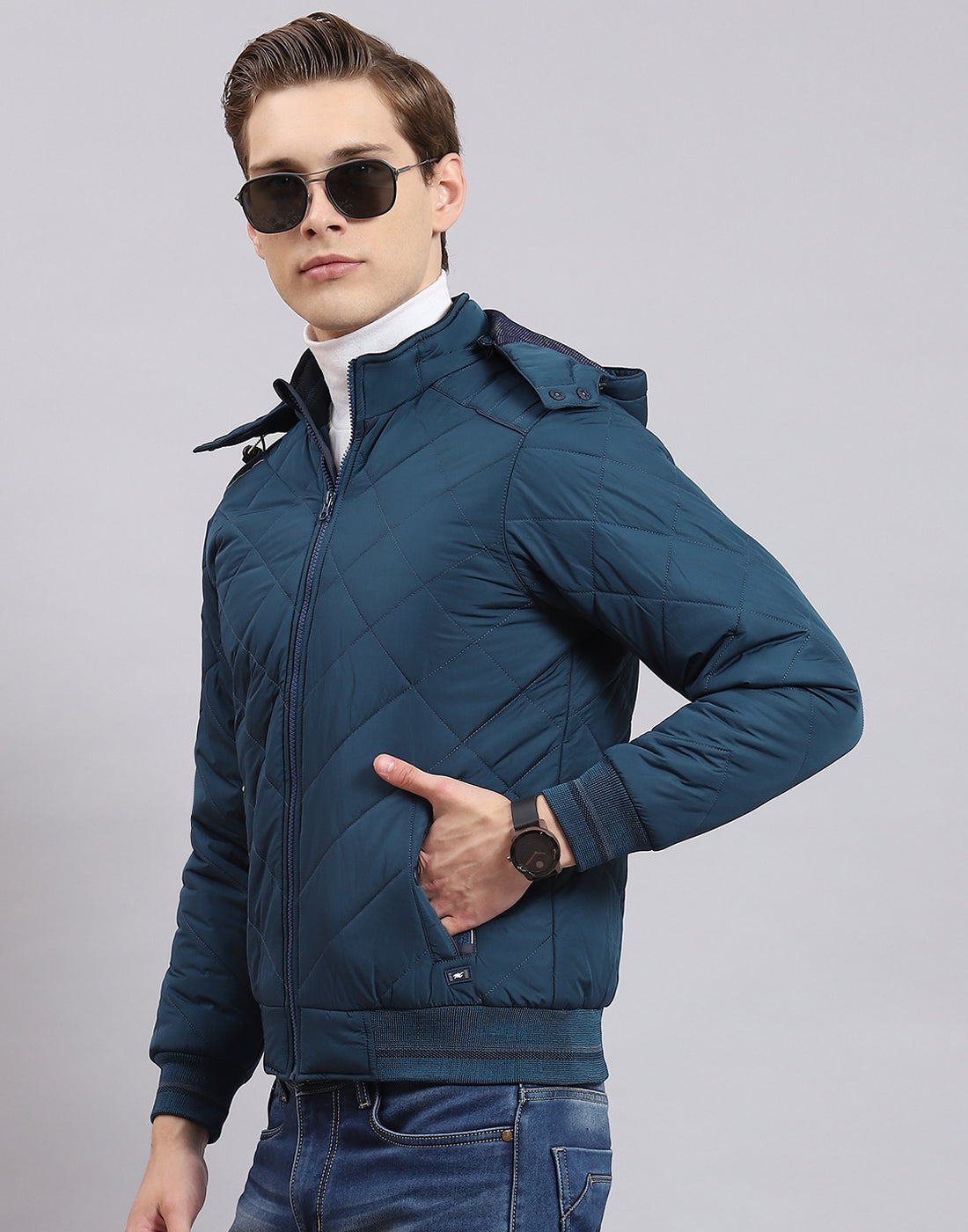 Men Teal Blue Solid Hooded Full Sleeve Jacket
