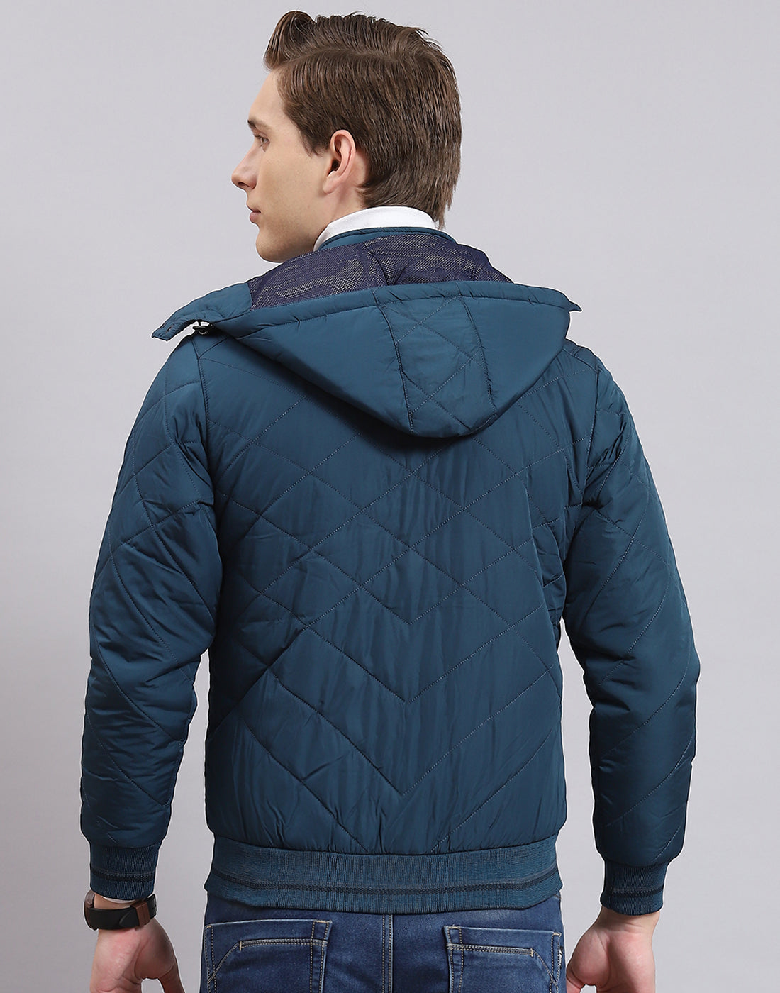 Men Teal Blue Solid Hooded Full Sleeve Jacket