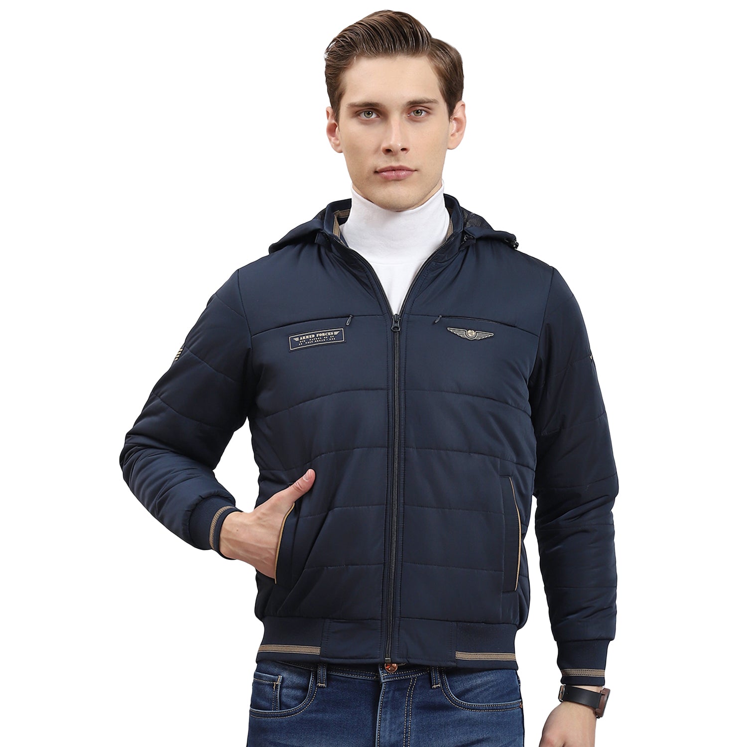 Men Navy Blue Solid Hooded Full Sleeve Jacket